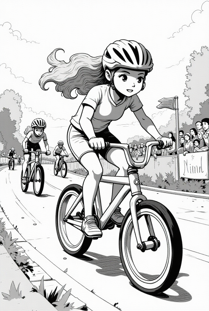 Coloriage fille A  la course de vA©lo 